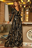 Sparkly Long Sleeve V-Neck Party Dresses Sequins Black and Gold A Line Evening Dresses