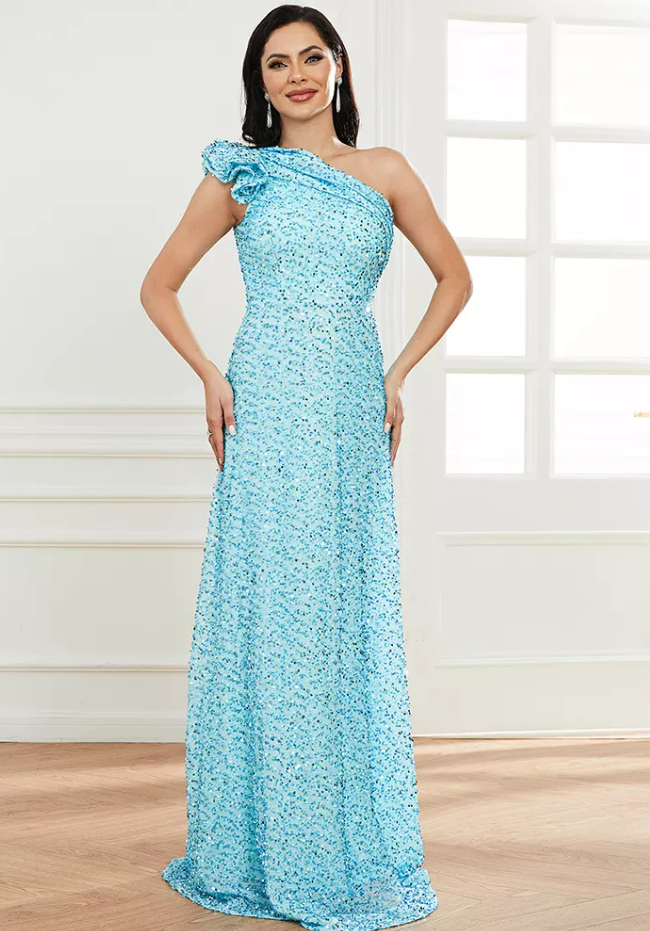 Trumpet One Shoulder Sequins Ruffles Long Evening Dresses