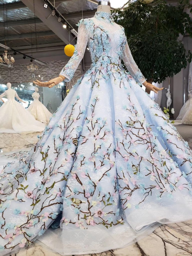 Light Blue Ball Gown Wedding Dresses with Lace Flowers Beading Quinceanera Dresses N1628