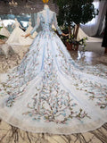 Light Blue Ball Gown Wedding Dresses with Lace Flowers Beading Quinceanera Dresses N1628