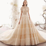 Unique High Neck Wedding Dresses Princess Short Sleeves Lace Tulle Wedding Gown N1627