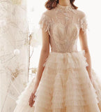 Unique High Neck Wedding Dresses Princess Short Sleeves Lace Tulle Wedding Gown N1627