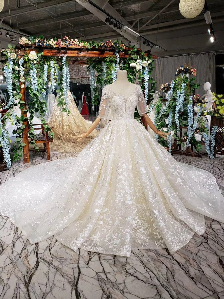Gorgeous Lace Wedding Dresses with Half Sleeves Ball Gown Long Wedding Dresses N1625