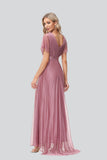 A Line Short Sleeve V Neck Chiffon long Prom Dress Flowy Bridesmaid Dress XU90812SP