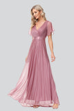 A Line Short Sleeve V Neck Chiffon long Prom Dress Flowy Bridesmaid Dress XU90812SP