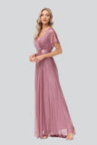 A Line Short Sleeve V Neck Chiffon long Prom Dress Flowy Bridesmaid Dress XU90812SP