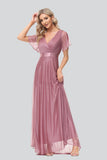 A Line Short Sleeve V Neck Chiffon long Prom Dress Flowy Bridesmaid Dress XU90812SP