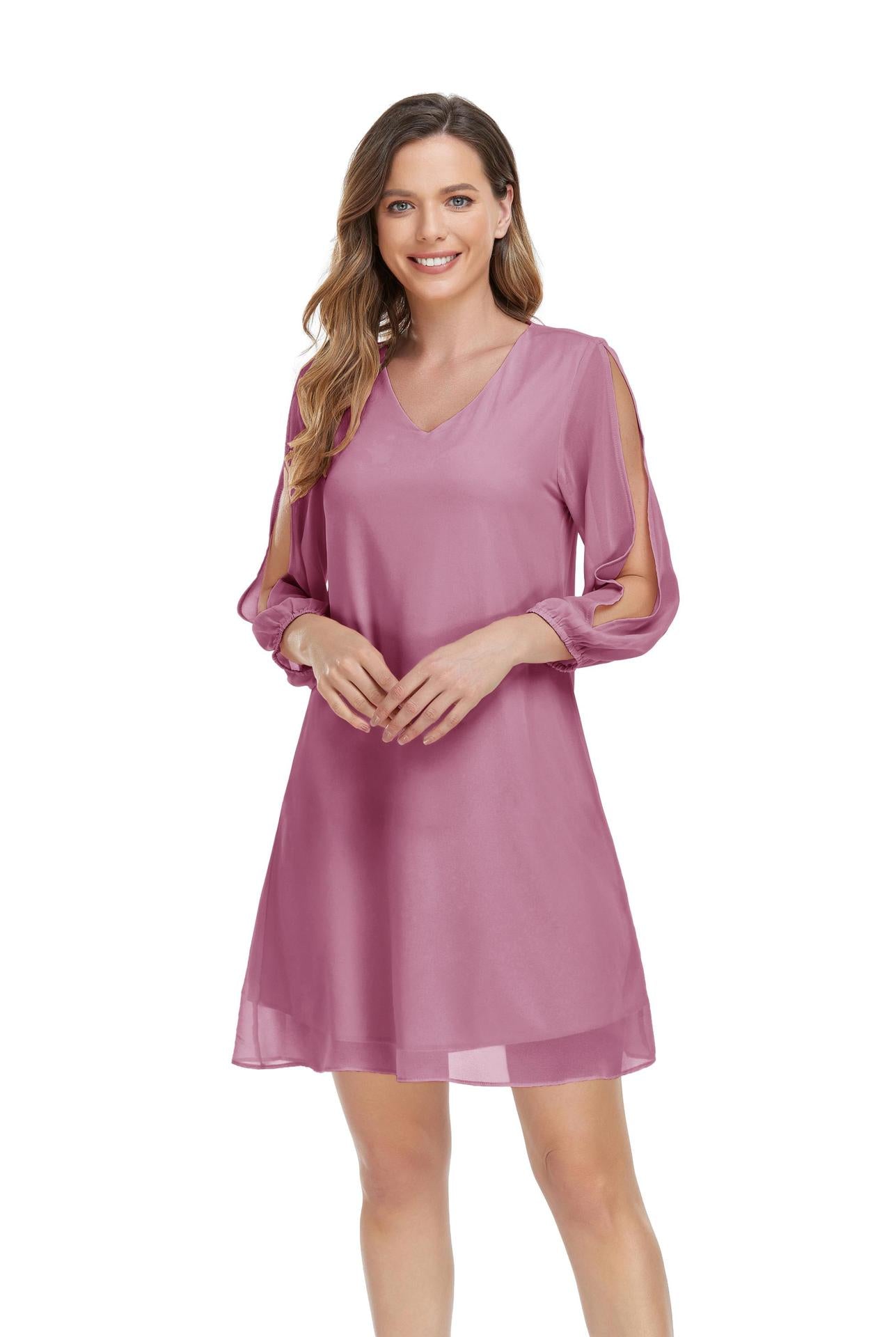 Simple 3/4 Split Sleeve Short Party Cocktail Chiffon Dress XUCTHHC