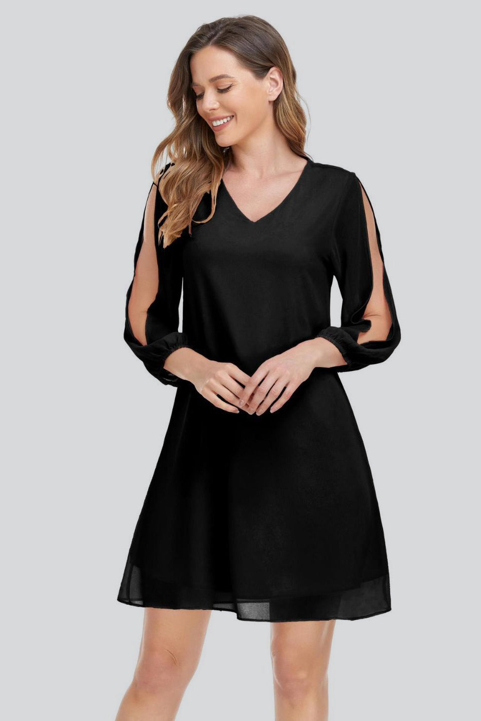 Simple 3/4 Split Sleeve Short Party Cocktail Chiffon Dress XUCTHHC