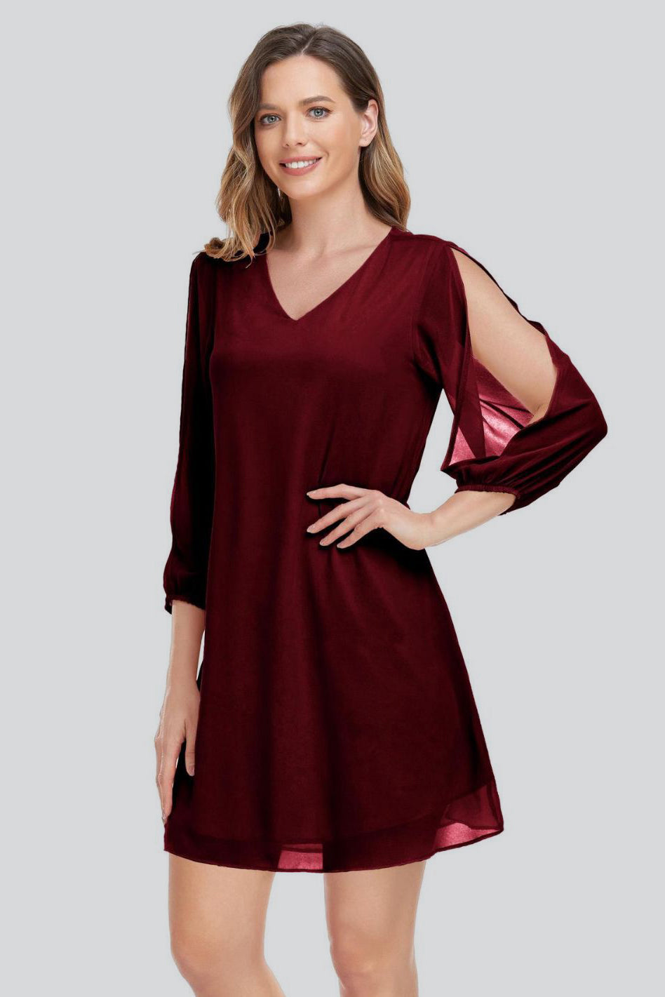 Simple 3/4 Split Sleeve Short Party Cocktail Chiffon Dress XUCTHHC
