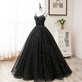 Spaghetti Straps Ball Gown Black Princess Prom Dresses