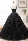 Spaghetti Straps Ball Gown Black Princess Prom Dresses
