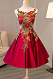 Pretty Short Satin A-line Lace Up Homecoming Dresses With Embroidered Appliques Y0003