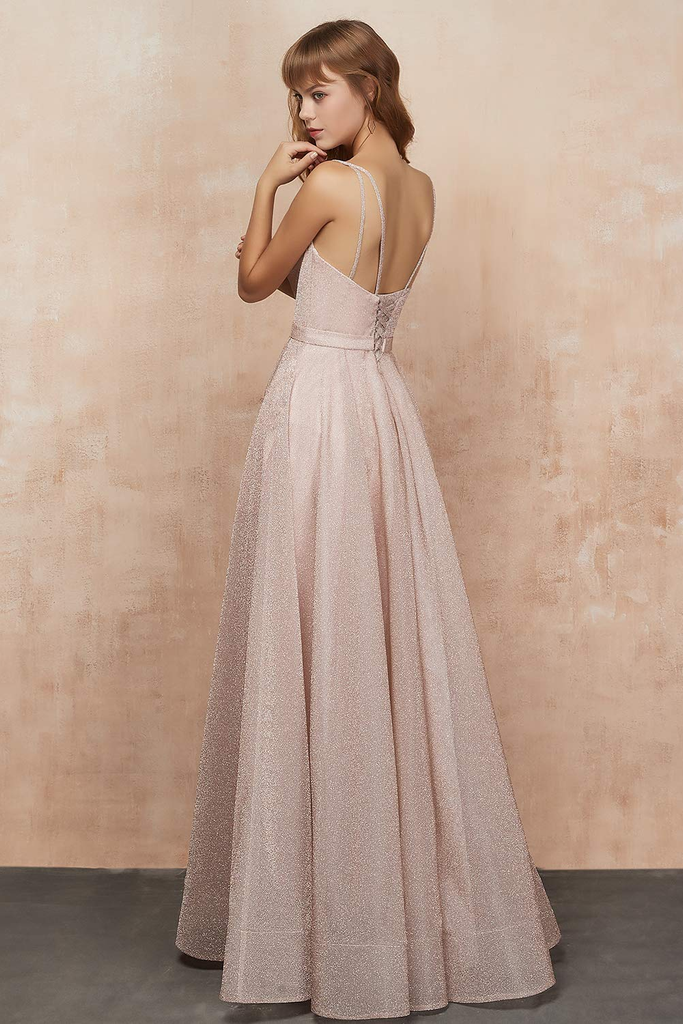 Chic Spaghetti Straps Pink Lace Up Back A Line Prom Dresses Long Homecoming Dresses Y0014