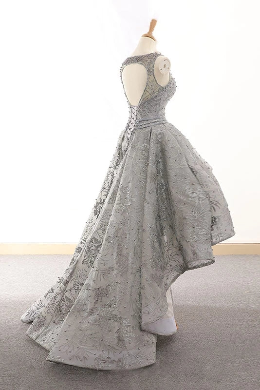 Silver Gray High Low Lac Beading Open Back Prom Dresses Homecoming Dresses Y0015