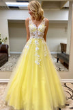 A Line Yellow Sleeveless Lace Appliqued Princess Prom Dresses
