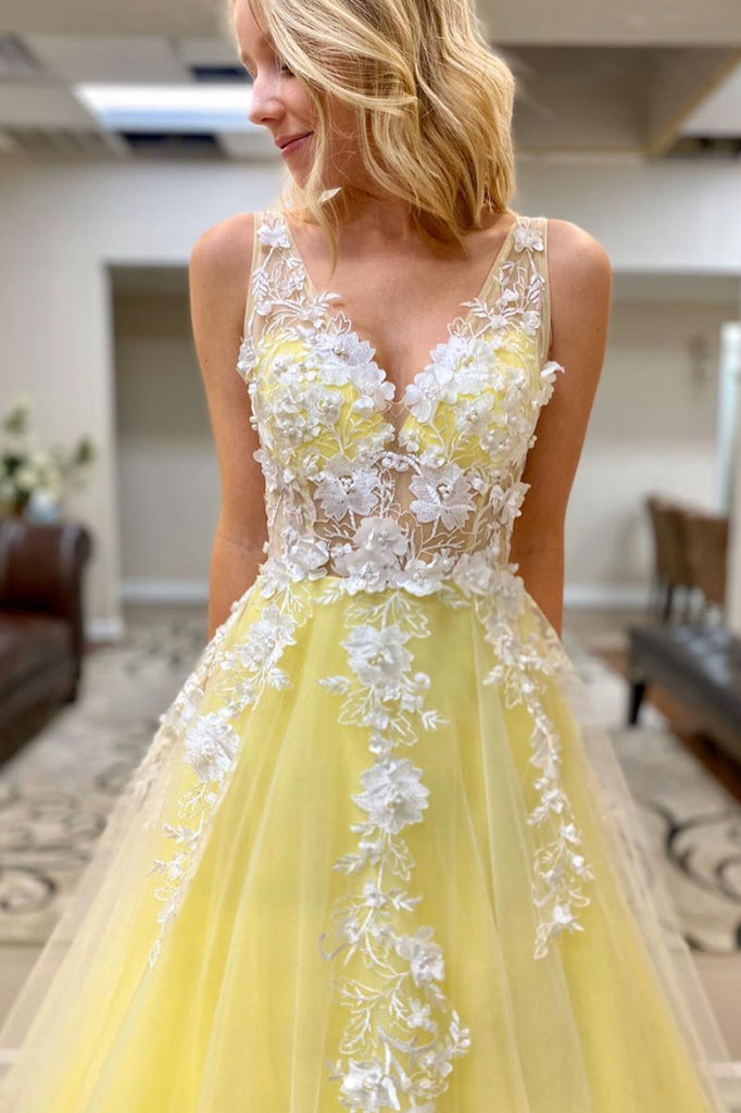 A Line Yellow Sleeveless Lace Appliqued Princess Prom Dresses