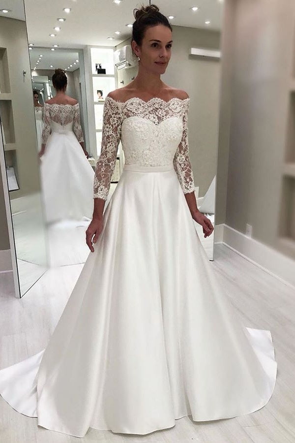 Elegant Off The Shoulder Long Sleeves Satin and Lace Wedding Dresses