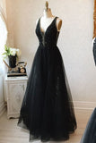 V-Neck Black Floor Length Long Prom Dresses Modest Party Gowns Y0024
