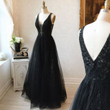 V-Neck Black Floor Length Long Prom Dresses Modest Party Gowns Y0024