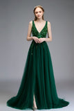 Sparkly Beading Tulle A Line V-Neck Front Split Prom Dresses For Teens Y0026