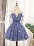 Flowy Cute A Line Blue Homecoming Dresses Short Beading Prom Dresses Y0029