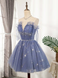 Flowy Cute A Line Blue Homecoming Dresses Short Beading Prom Dresses Y0029