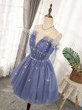 Flowy Cute A Line Blue Homecoming Dresses Short Beading Prom Dresses Y0029