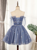 Flowy Cute A Line Blue Homecoming Dresses Short Beading Prom Dresses Y0029