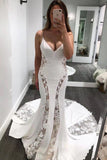 Spaghetti Straps See Through Mermaid V-Neck Lace Wedding Dress Y0045