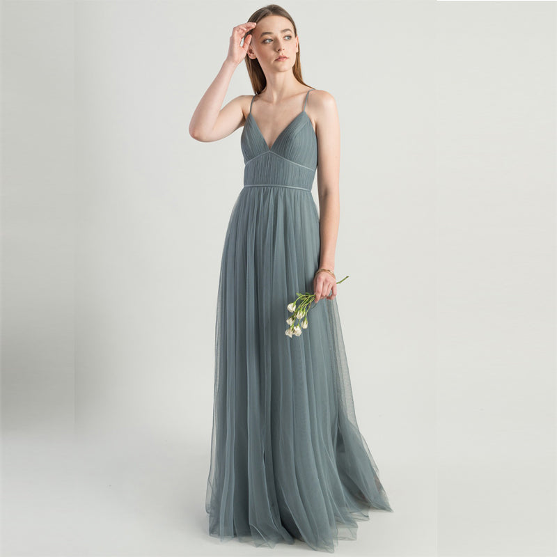 Charming Spaghetti Straps Flowy Backless Tulle Long Prom Dresses Bridesmaid Dresses Y0051