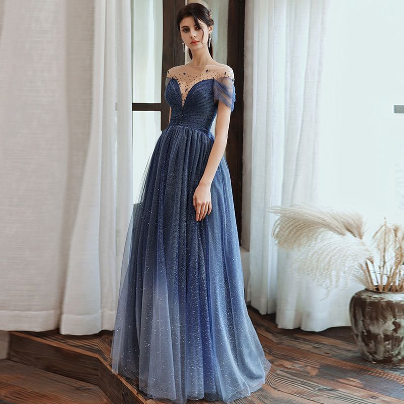 Newest Short Sleeves Beading A Line Ombre Long Princess Prom Dresses Y0053