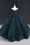Glitter Lace Up Ball Gown Floor Length Dark Green Long Prom Dresses Y0058