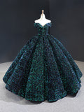 Glitter Lace Up Ball Gown Floor Length Dark Green Long Prom Dresses Y0058