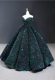 Glitter Lace Up Ball Gown Floor Length Dark Green Long Prom Dresses Y0058