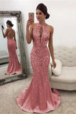 Glitter Modest Long Sheath Beading Open Back Long Prom Dresses Party Gowns Y0063