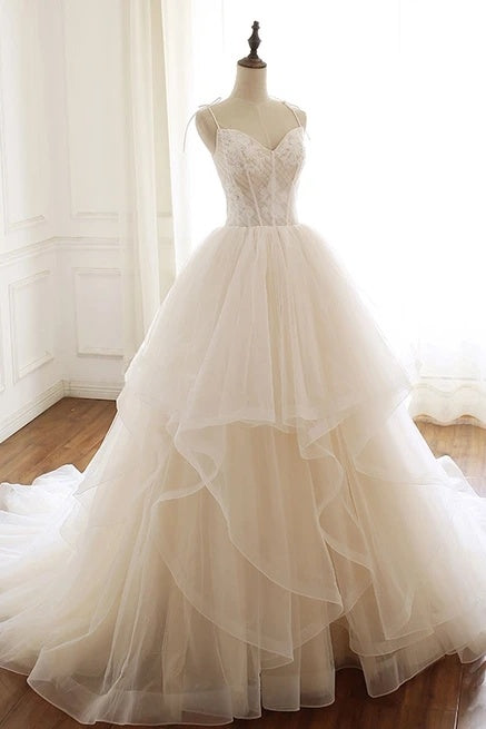 Modest Spaghetti Straps Long Ball Gown Lace Up Wedding Dress Y0064