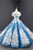Chic Off The Shoulder Blue Ball Gown Princess Prom Dresses With Appliques Y0065