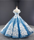 Chic Off The Shoulder Blue Ball Gown Princess Prom Dresses With Appliques Y0065