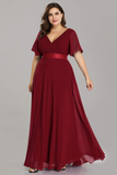 V-Neck Burgundy Long A Line Chiffon Long Plus Sizes Prom Dresses Y0066