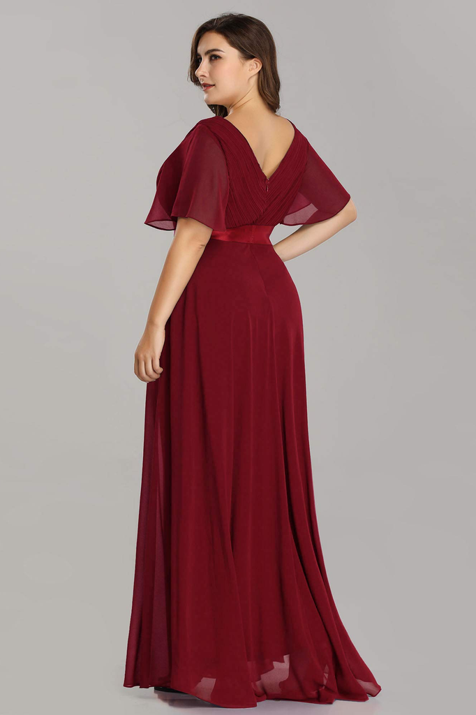 V-Neck Burgundy Long A Line Chiffon Long Plus Sizes Prom Dresses Y0066