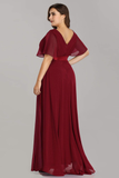 V-Neck Burgundy Long A Line Chiffon Long Plus Sizes Prom Dresses Y0066