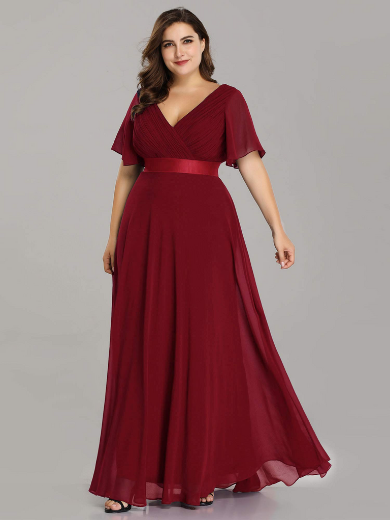 V-Neck Burgundy Long A Line Chiffon Long Plus Sizes Prom Dresses Y0066 ...