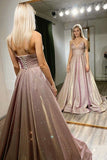 Beautiful A Line Spaghetti Straps Long Sequin Shiny Prom Dresses Party Gowns Y0068