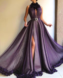 Pretty Halter Long Front Split Purple Prom Dresses With Handmade Flower Y0072