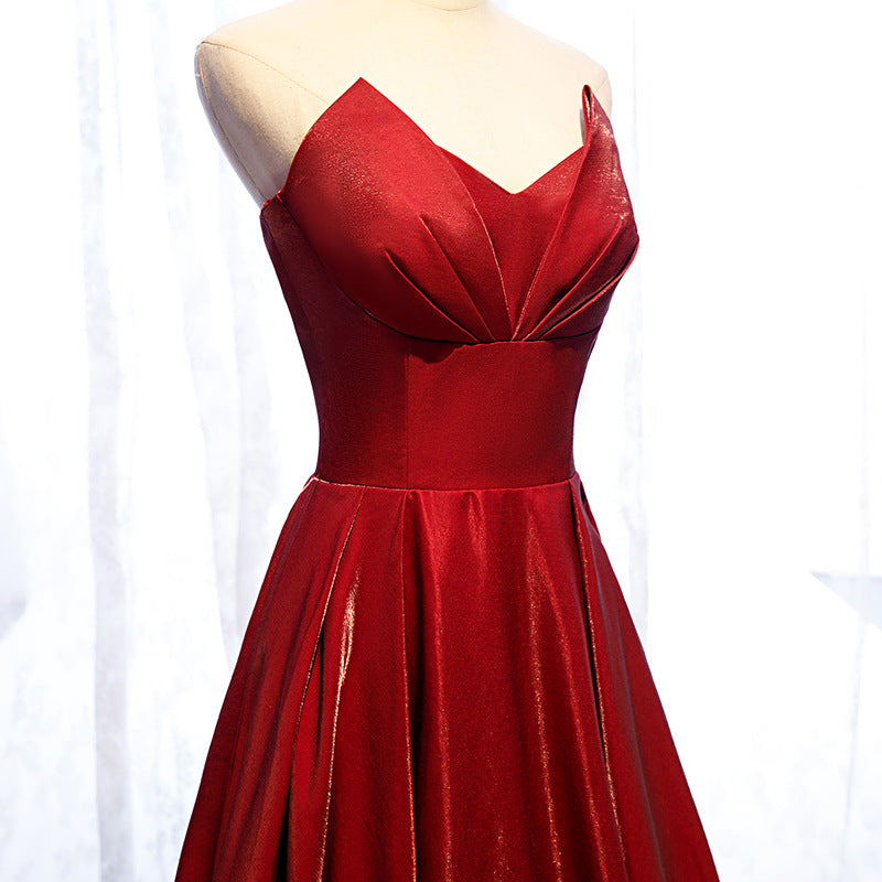 Modest Strapless Loong A Line Red Lace Up Prom Dresses Evening Dresses Y0080