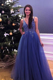 Flowy V-Neck Lace Tulle Beading Long Blue A Line Party Prom Dresses Y0085