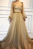 Vintage Long Sleeves A Line Sequin Shiny Prom Dress Formal Party Dress Y0086