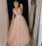 Beautiful V-Neck Long Floor Length Princess Dresses Prom Dresses With Appliques Y0093