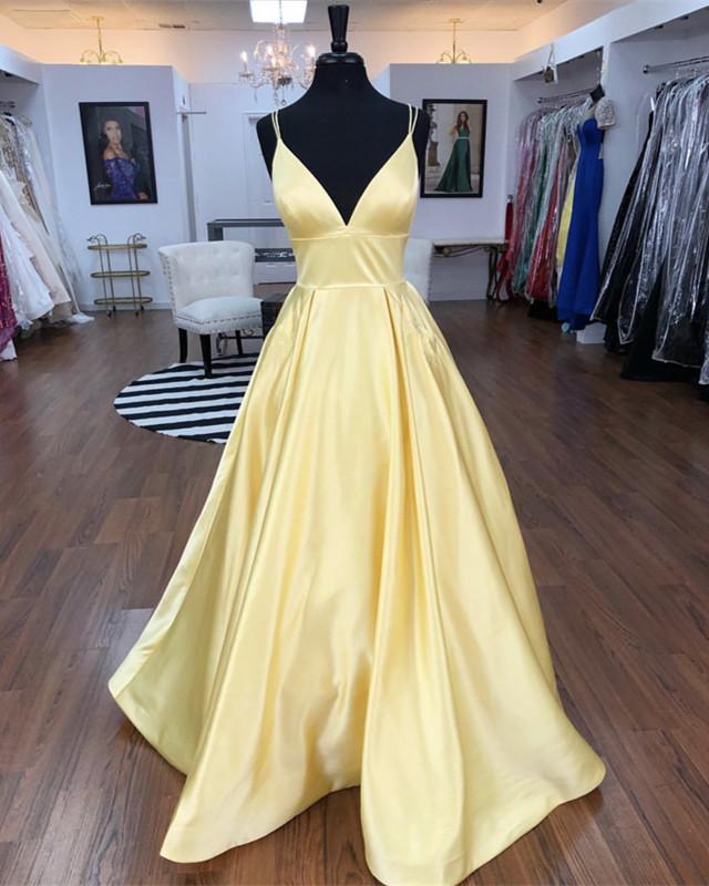 Spaghetti Straps V-Neck Long Daffodil Satin Prom Dress Y0102